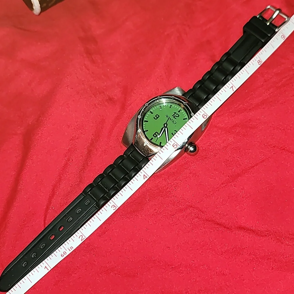Nemesis Silver With Green Face Vintage Chunky Mens‎ Watch With Replacement Band